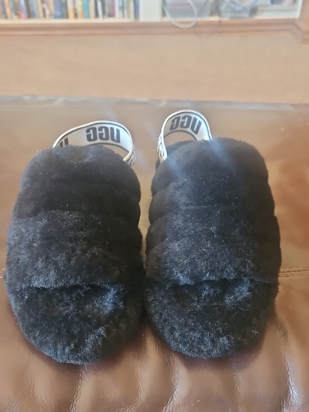 UGG Black Fuzzy Slide Sandals with Branded Elastic Heel